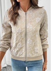 Light Coffee tops,Plain Color tops,Zipper Light Coffee Stand Collar Long Sleeve Jacket