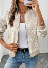 Light Coffee tops,Plain Color tops,Zipper Light Coffee Stand Collar Long Sleeve Jacket