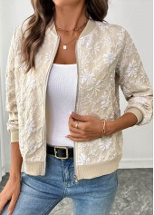 Light Coffee tops,Plain Color tops,Zipper Light Coffee Stand Collar Long Sleeve Jacket