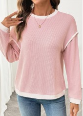 Pink tops,Contrast Color tops,ROTITA Patchwork Pink Round Neck Long Sleeve Sweatshirt