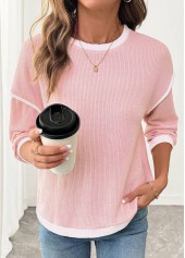Pink tops,Contrast Color tops,ROTITA Patchwork Pink Round Neck Long Sleeve Sweatshirt