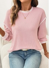 Pink tops,Contrast Color tops,ROTITA Patchwork Pink Round Neck Long Sleeve Sweatshirt