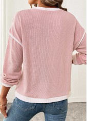 Pink tops,Contrast Color tops,ROTITA Patchwork Pink Round Neck Long Sleeve Sweatshirt