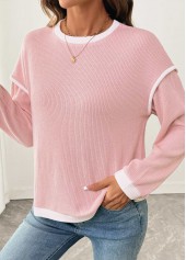 Pink tops,Contrast Color tops,ROTITA Patchwork Pink Round Neck Long Sleeve Sweatshirt