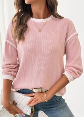 Pink tops,Contrast Color tops,ROTITA Patchwork Pink Round Neck Long Sleeve Sweatshirt