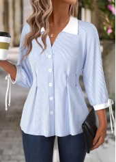 Light Blue tops,Striped tops,Geometric tops,ROTITA Striped Light Blue Turn Down Collar 3/4 Sleeve Blouse