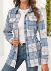 Light Blue tops,Plaid tops,Geometric tops,ROTITA Tummy Coverage Plaid Light Blue Long Sleeve Shirt