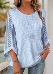 Light Blue tops,Plain Color tops,ROTITA Light Blue Round Neck 3/4 Sleeve Blouse
