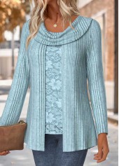 Dusty Blue tops,Plain Color tops,ROTITA Dusty Blue Draped Neck Fake Two Piece Twinset