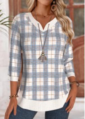 Blue tops,Plaid tops,Geometric tops,ROTITA Tummy Coverage Plaid Blue V Neck T Shirt