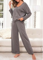 Grey loungewear,Plain Color loungewear,Grey Round Neck Long Sleeve Lounge Top and Pants
