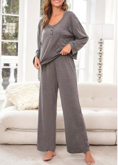 Grey loungewear,Plain Color loungewear,Grey Round Neck Long Sleeve Lounge Top and Pants