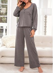 Grey loungewear,Plain Color loungewear,Grey Round Neck Long Sleeve Lounge Top and Pants