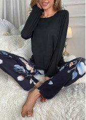 Floral Print Black Round Neck Lounge Top and Pants