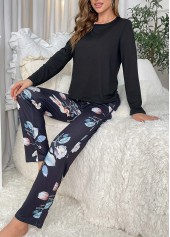 Black loungewear,Floral loungewear,Plants loungewear,Floral Print Black Round Neck Lounge Top and Pants