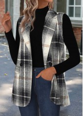Black tops,Plaid tops,Geometric tops,ROTITA Tummy Coverage Plaid Black Lapel Sleeveless Waistcoat