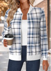 Blue tops,Plaid tops,Geometric tops,ROTITA Tummy Coverage Plaid Blue Stand Collar Long Sleeve Jacket