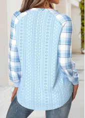 Light Blue tops,Plaid tops,Geometric tops,ROTITA Tummy Coverage Plaid Light Blue Round Neck Sweatshirt