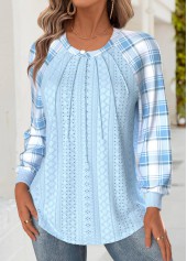 Light Blue tops,Plaid tops,Geometric tops,ROTITA Tummy Coverage Plaid Light Blue Round Neck Sweatshirt