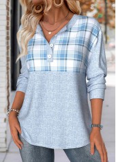 Light Blue tops,Plaid tops,Geometric tops,ROTITA Tummy Coverage Plaid Light Blue Split Neck Sweatshirt