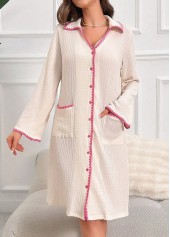 Beige Turn Down Collar Long Sleeve Nightdress