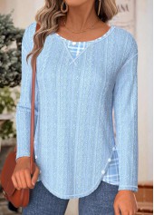 Light Blue tops,Plaid tops,Geometric tops,ROTITA Tummy Coverage Plaid Light Blue Round Neck T Shirt