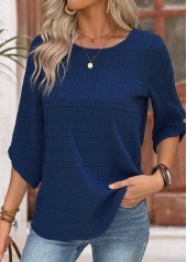 Rotita Button – Marineblaue Bluse mit Rundhalsausschnitt und 3/4-Ärmeln