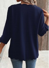 Navy tops,Plain Color tops,ROTITA Scalloped Hem Navy 3/4 Sleeve Light Cardigan