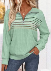 ROTITA Tummy Coverage Striped Sage Green Turn Down Collar Sweatshirt