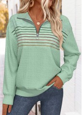 Sage Green tops,Striped tops,Geometric tops,ROTITA Tummy Coverage Striped Sage Green Turn Down Collar Sweatshirt