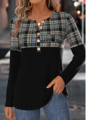 ROTITA Tummy Coverage Plaid Black Split Neck T Shirt