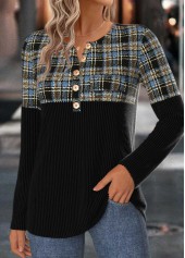 Black tops,Plaid tops,Geometric tops,ROTITA Tummy Coverage Plaid Black Split Neck T Shirt