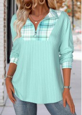 Light Green tops,Plaid tops,Geometric tops,ROTITA Tummy Coverage Plaid Light Green Turn Down Collar Sweatshirt