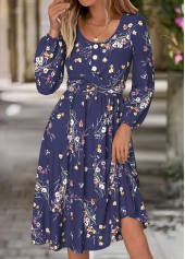ROTITA Tummy Coverage Floral Print Navy Round Neck Dress