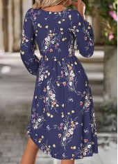 Navy dresses,Floral dresses,Plants dresses,Everyday dresses,Casual dresses,ROTITA Tummy Coverage Floral Print Navy Round Neck Dress