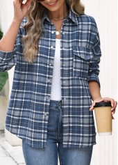 Blue tops,Plaid tops,Geometric tops,ROTITA Patch Pocket Plaid Blue Long Sleeve Shirt