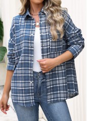 Blue tops,Plaid tops,Geometric tops,ROTITA Patch Pocket Plaid Blue Long Sleeve Shirt