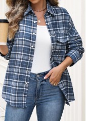 Blue tops,Plaid tops,Geometric tops,ROTITA Patch Pocket Plaid Blue Long Sleeve Shirt