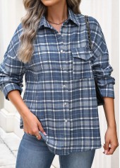 Blue tops,Plaid tops,Geometric tops,ROTITA Patch Pocket Plaid Blue Long Sleeve Shirt