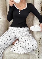 Black loungewear,Ditsy Floral loungewear,Ditsy Floral Print Black Lounge Top and Pants