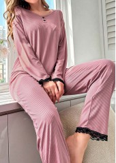 Pink loungewear,Plain Color loungewear,Pink Round Neck Long Sleeve Lounge Top and Pants