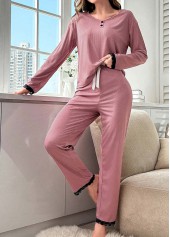Pink loungewear,Plain Color loungewear,Pink Round Neck Long Sleeve Lounge Top and Pants