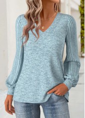 Dusty Blue tops,Plain Color tops,ROTITA Tummy Coverage Dusty Blue V Neck Long Sleeve Sweatshirt