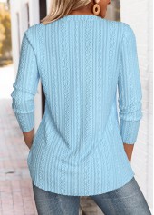 Blue tops,Plain Color tops,ROTITA Tummy Coverage Blue Split Neck Long Sleeve Blouse