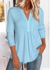 Blue tops,Plain Color tops,ROTITA Tummy Coverage Blue Split Neck Long Sleeve Blouse