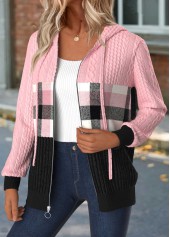 Light Pink tops,Plaid tops,Geometric tops,ROTITA Tummy Coverage Plaid Light Pink Hooded Long Sleeve Coat