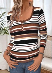 Multi Color tops,Striped tops,Geometric tops,ROTITA Tummy Coverage Striped Multi Color Scoop Neck T Shirt