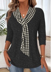 T-shirt à carreaux noir à col en V et à motif ventre plat Rotita