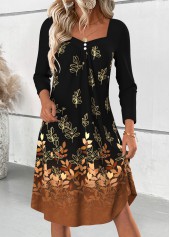 Black dresses,Plants dresses,Ombre dresses,Everyday dresses,Casual dresses,ROTITA Tummy Coverage Leaf Print Black Heart Collar Dress