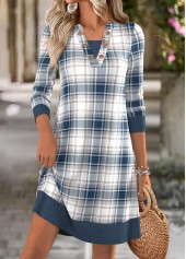 Dusty Blue dresses,Plaid dresses,Geometric dresses,Everyday dresses,Casual dresses,ROTITA Tummy Coverage Plaid Dusty Blue Short V Neck Dress